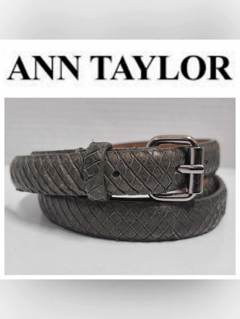 Ann Taylor Vintage Leather Âľ" Skinny Belt Gray Snakeskin Embossed Lrg Minimalist